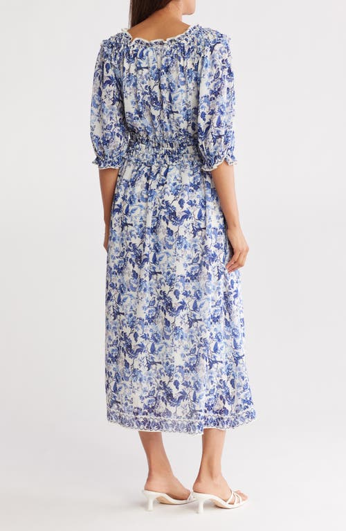 Max Studio Floral Balloon Sleeve Georgette Maxi Dress In Cream/blue Lush Grdn Toile