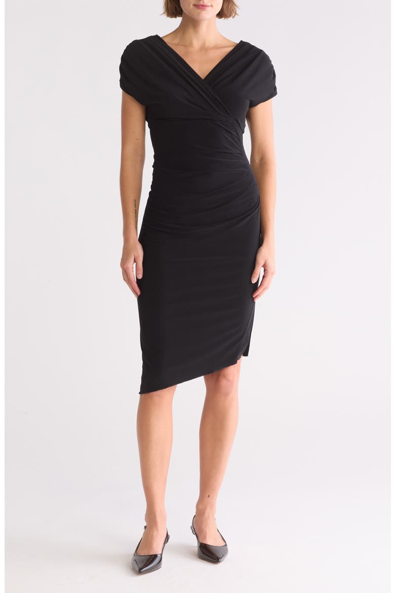 Cap Sleeve Asymmetric Hem Body-Con Dress, Main, color, BLACK