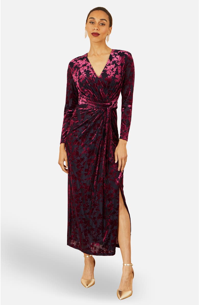 Yumi Velour Stretch Midi Dress, Main, color, Burgundy