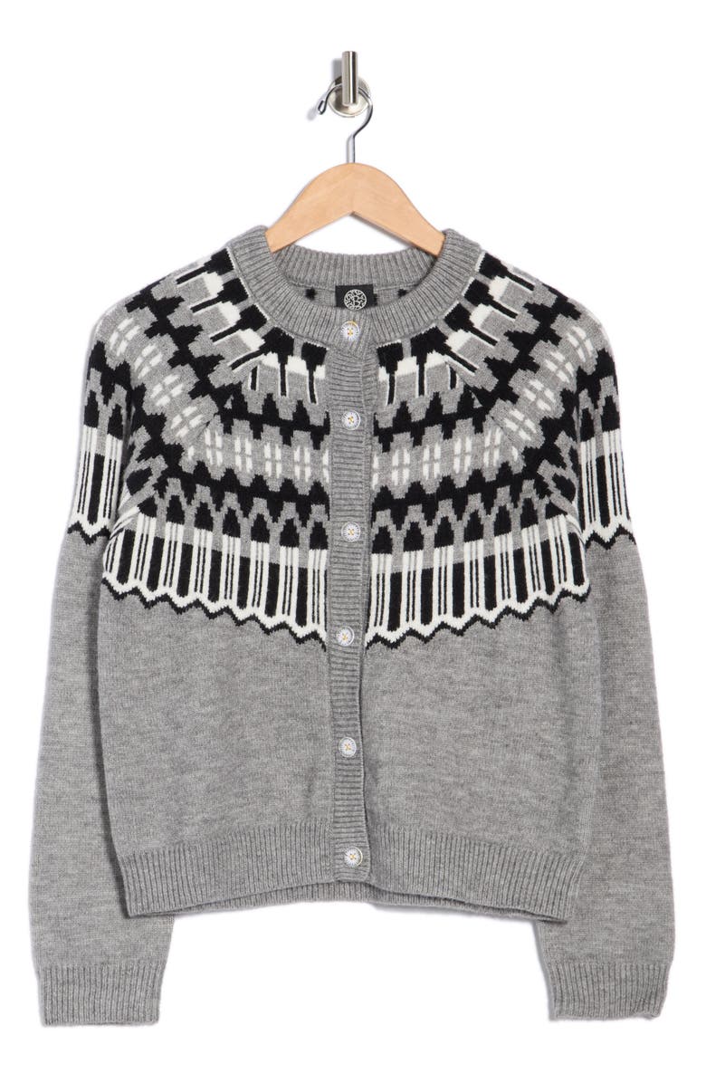 Bobeau Fair Isle Button Front Cardigan, Alternate, color, Medium Grey/ Black/ White