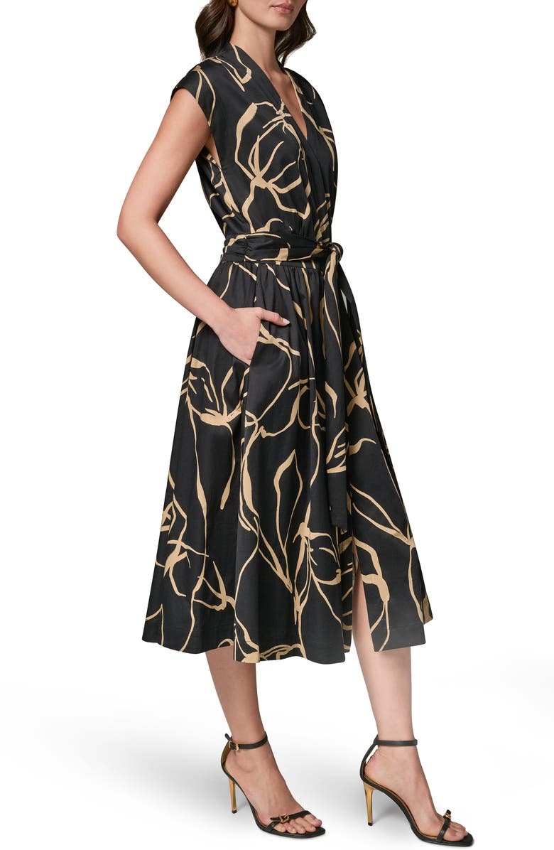 Donna Karan New York Abstract Print Stretch Cotton Midi Dress, Alternate, color, Black/ Fawn