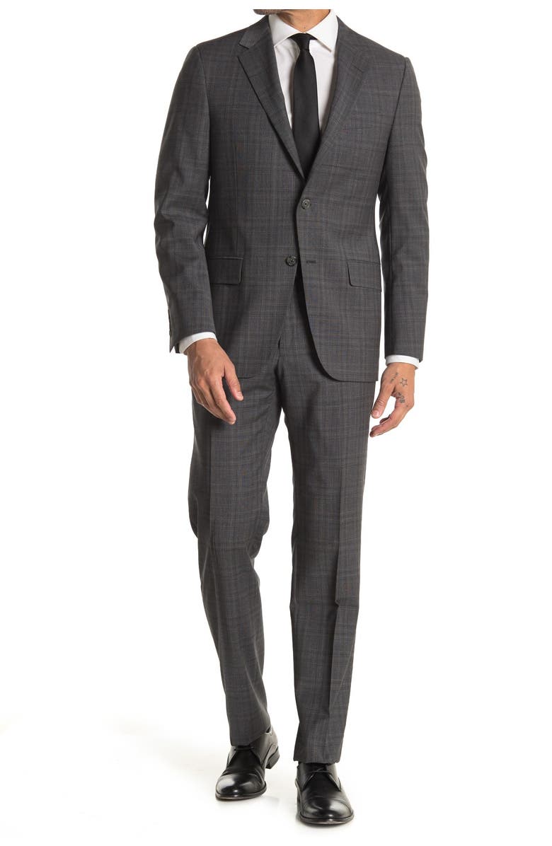 Hickey Freeman Dark Gray Plaid Regular Fit 2B Plaid 2-Piece Suit Set, Main, color, 