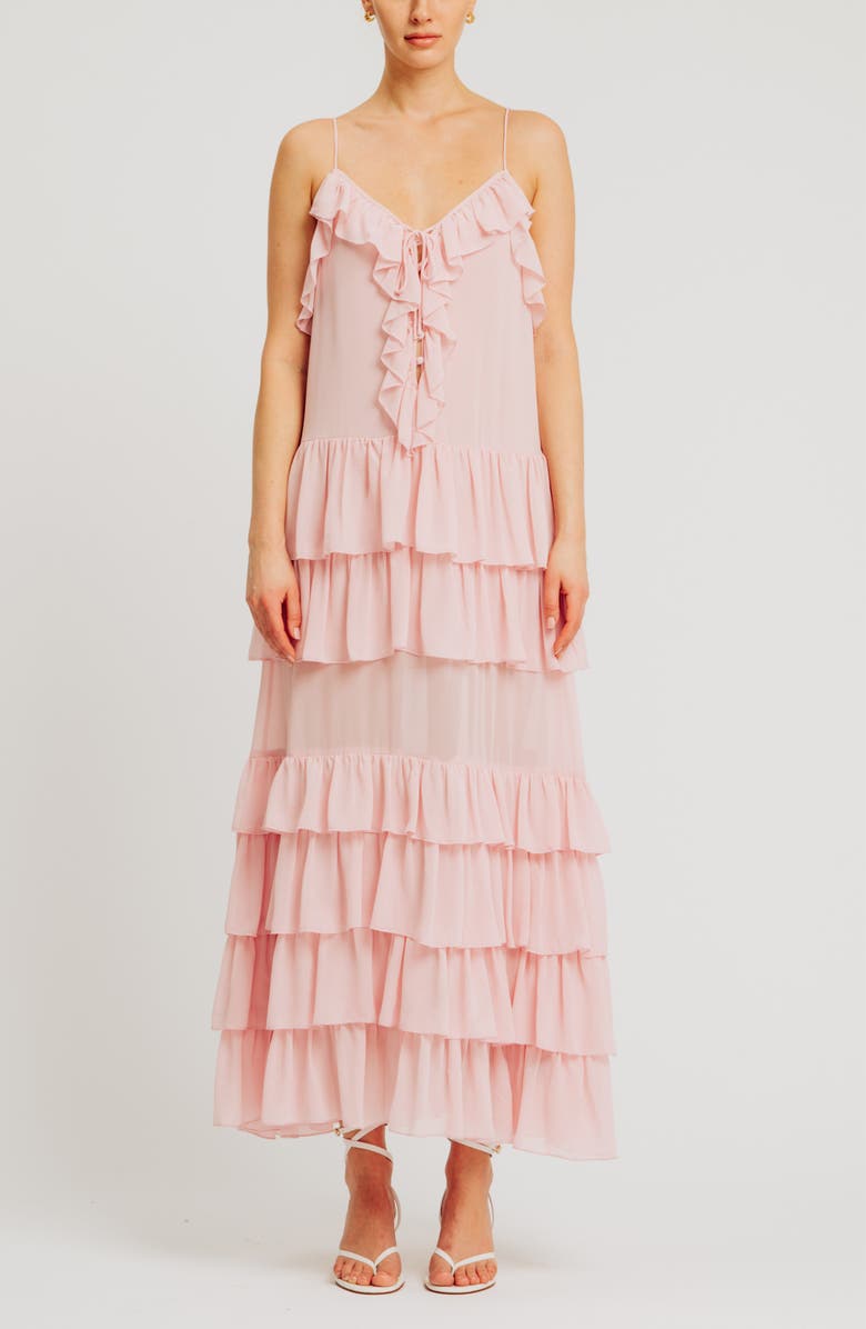 Torn by Ronny Kobo Orcadia Ruffle Maxi Dress, Main, color, Light Pink