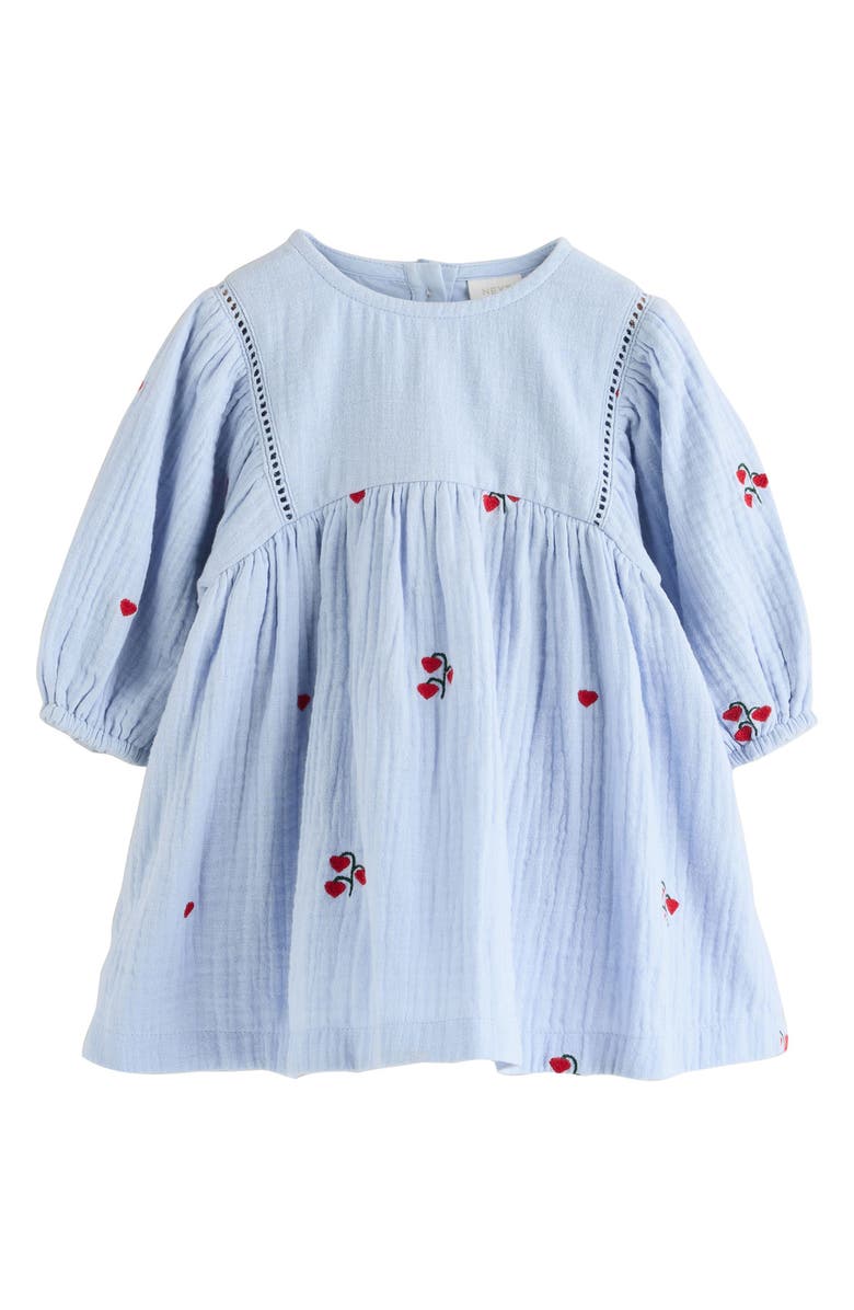 NEXT Embroidered Long Sleeve Cotton Gauze Dress, Main, color, Blue