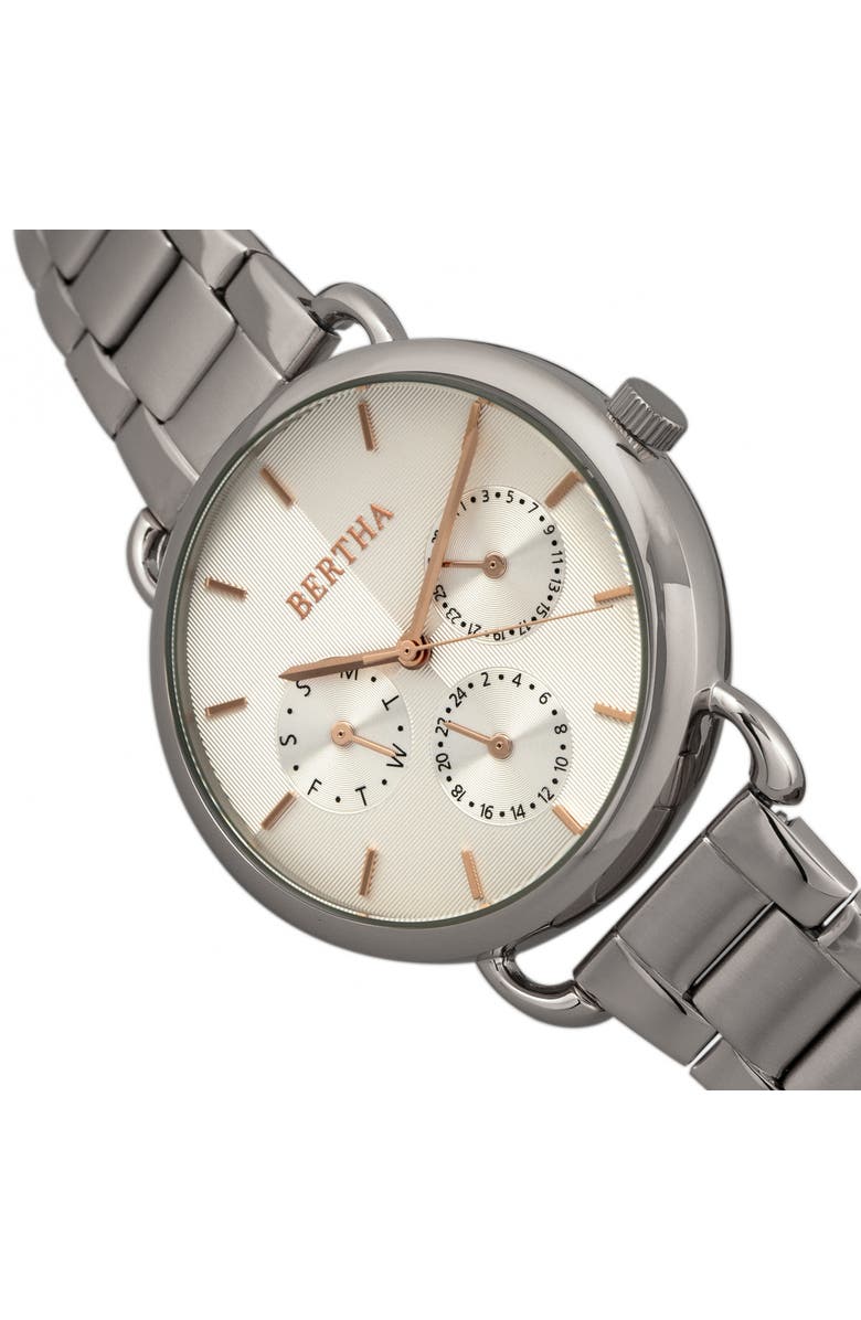 BERTHA Gwen Leather-Band Watch w/Day/Date, Alternate, color, Silver