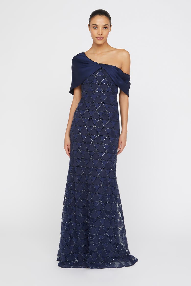 Anabella Textured Tulle Asymmetric Neck Satin Fit and Flare Gown, Main, color, Navy