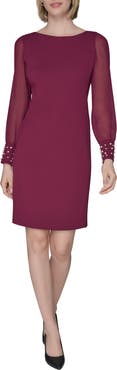 KARL LAGERFELD PARIS Faux Pearl Cuff Long Sleeve Scuba Crepe Sheath Dress