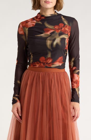 Dr2 By Daniel Rainn Long Sleeve Mesh Mock Neck Top In Multi