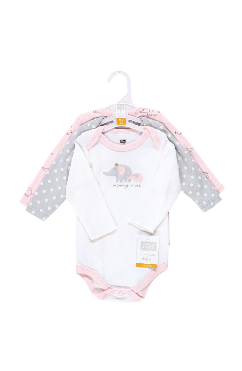Hudson Baby Essential All-Cotton Long-Sleeve Bodysuit Triple Pack, Alternate, color, Pink Gray Elephant