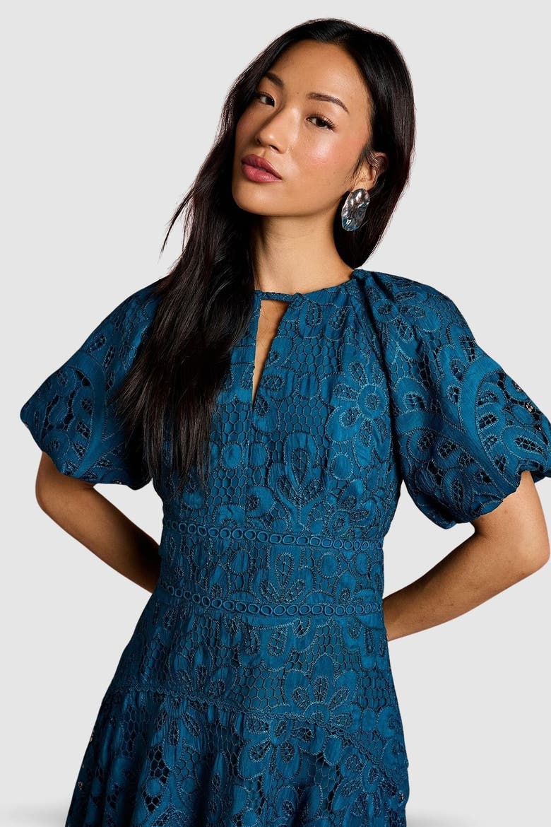 Lace Hanky Hem Puff Sleeve Dress, Alternate, color, Teal