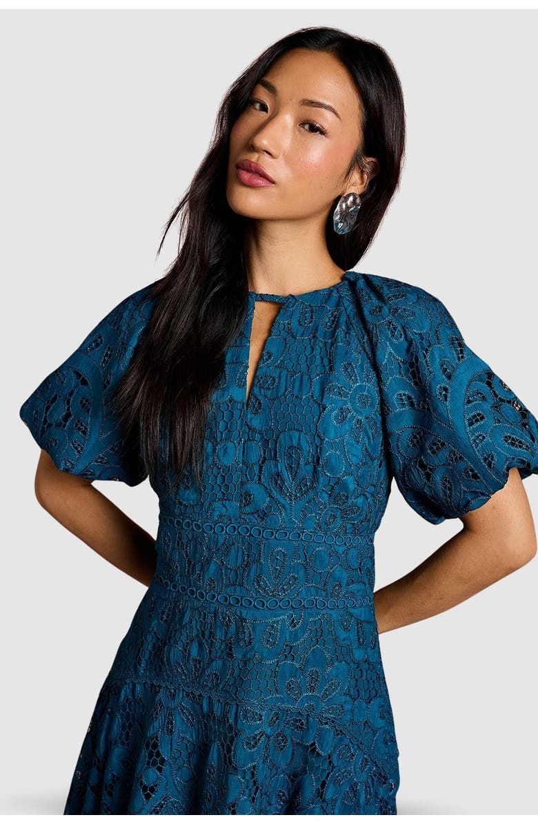 Coast Lace Hanky Hem Puff Sleeve Dress, Alternate, color, Teal