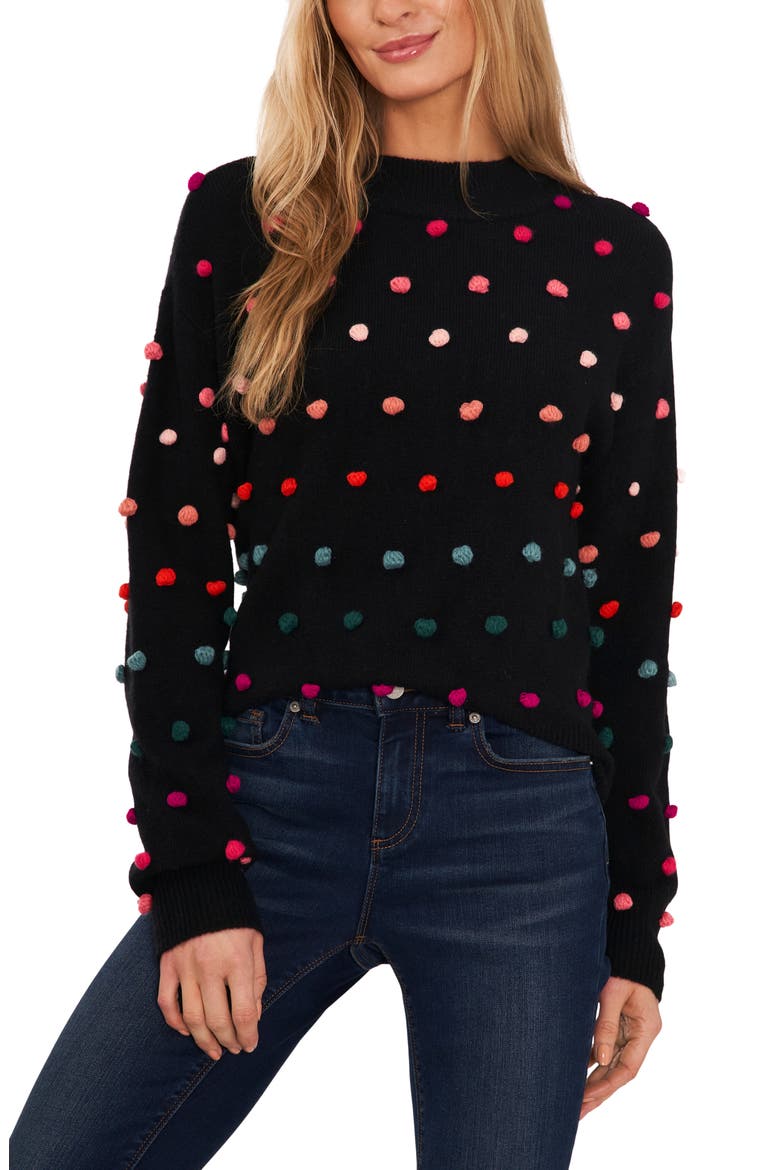 Rainbow Pompom Mock Neck Sweater, Main, color, RICH BLACK
