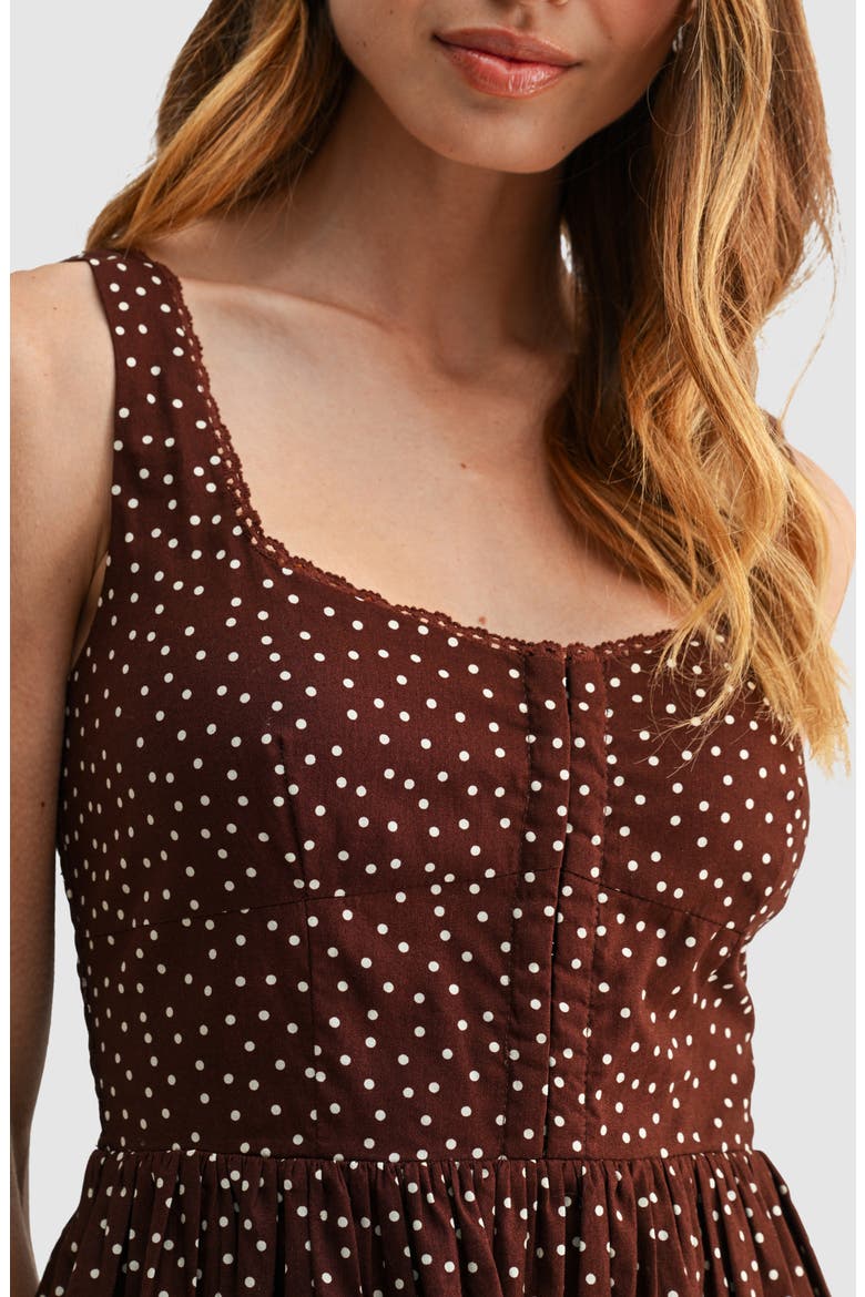 Corset A-Line Midi Dress, Alternate, color, BROWN CREAM DOT