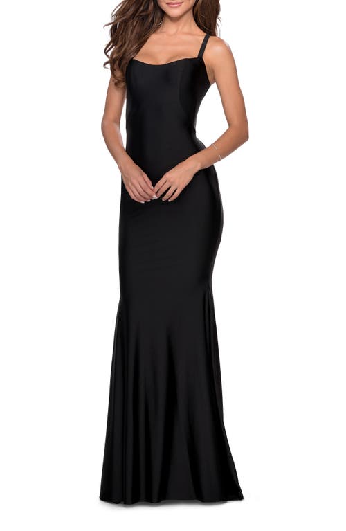 La Femme Form Fitting Prom Dress with Dramatic Lace Up Back in Black at Nordstrom, Size 4