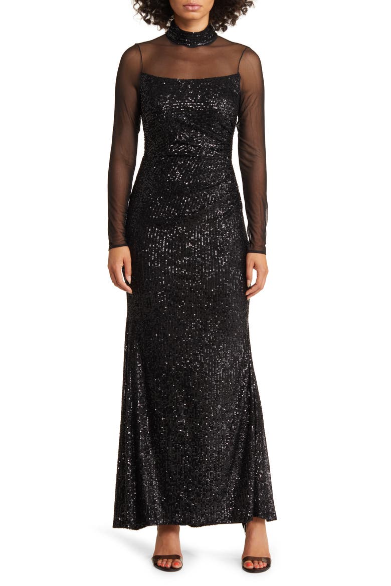 Sequin Mesh Lace Long Sleeve Gown, Main, color, BLACK