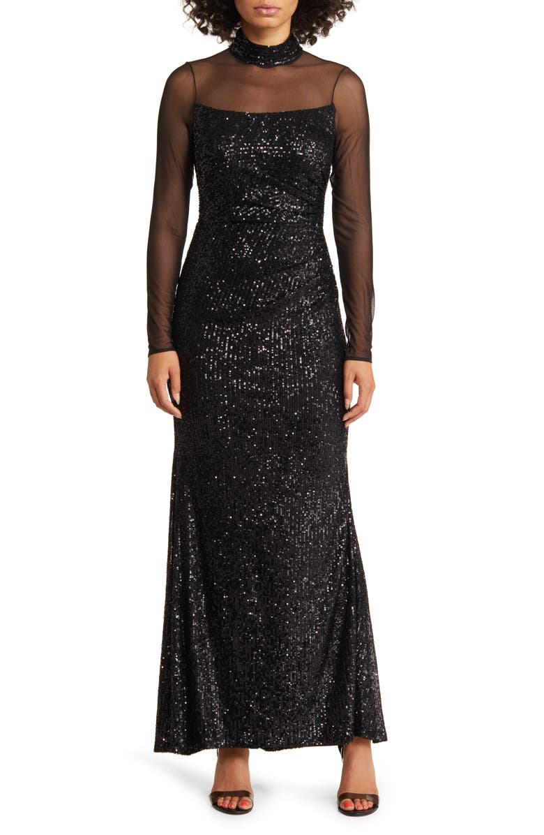 Eliza J Sequin Mesh Lace Long Sleeve Gown, Main, color, 