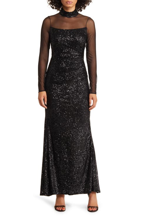Sequin Mesh Lace Long Sleeve Gown