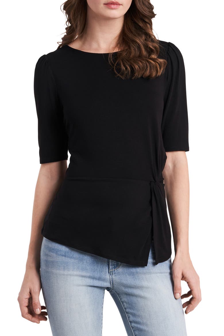 Side Twist Elbow Sleeve Top, Main, color, RICH BLACK