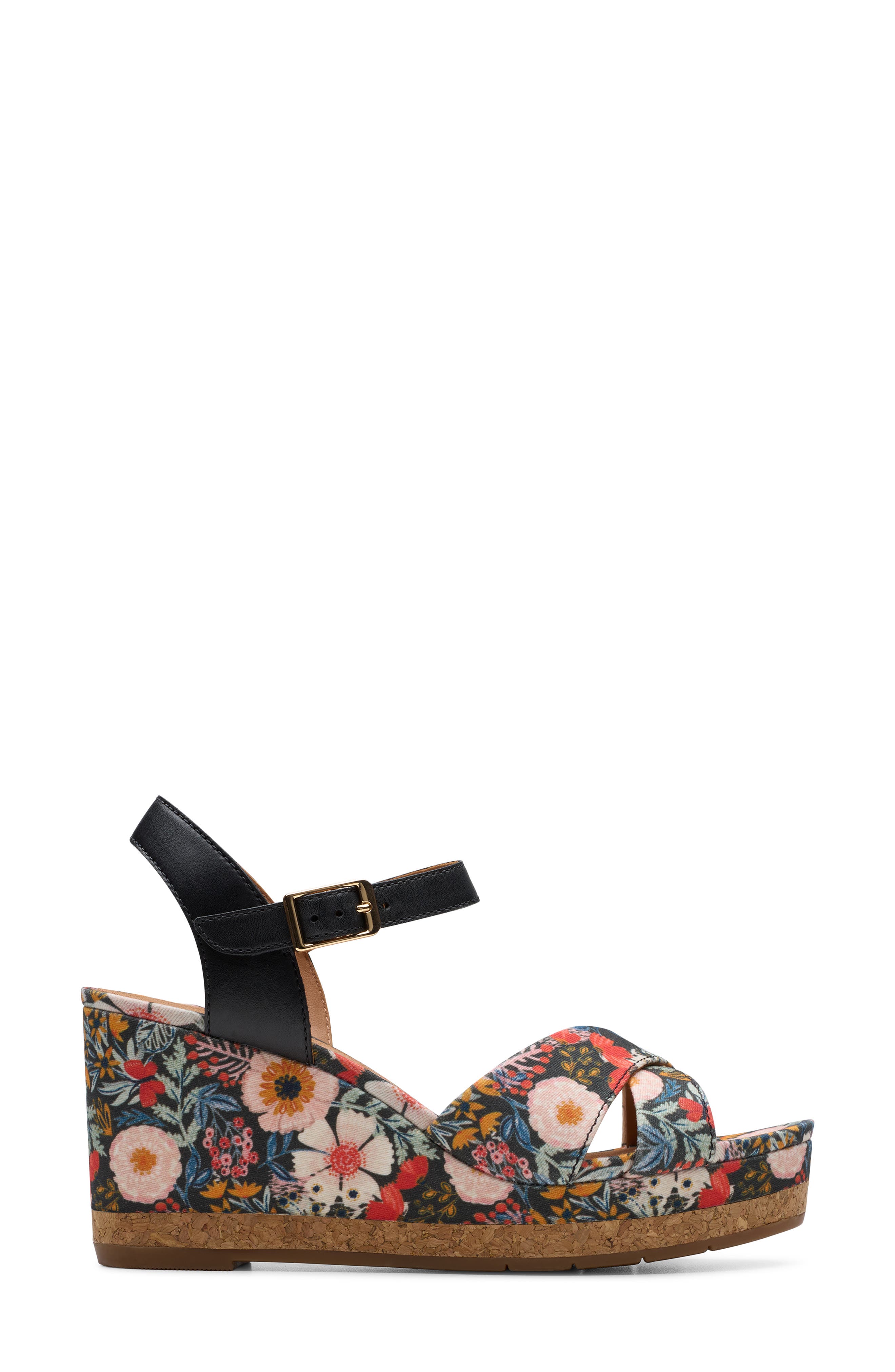 Clarks<sup>®</sup> Chicly Floral Wedge Sandal, Alternate, color, Black Print