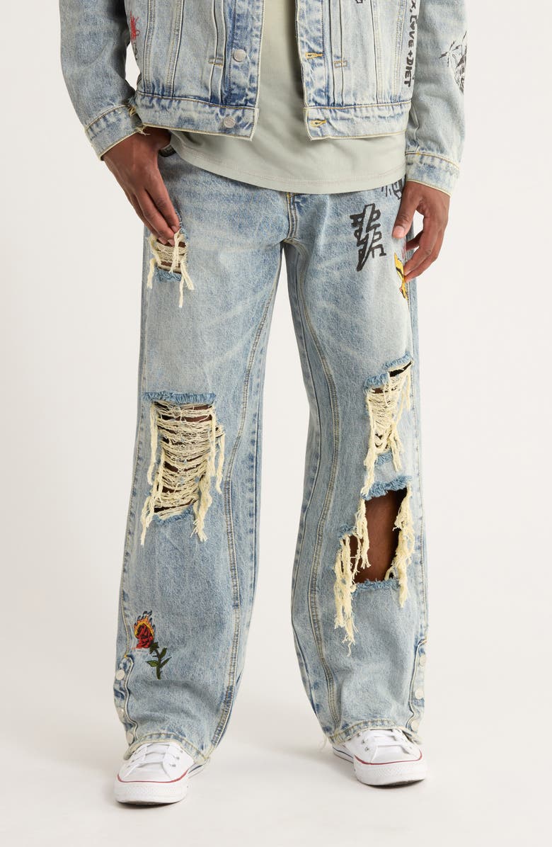 DIET STARTS MONDAY Doodle Embroidered Ripped Cotton Jeans, Main, color, Indigo