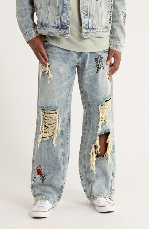Doodle Embroidered Ripped Cotton Jeans (Indigo)