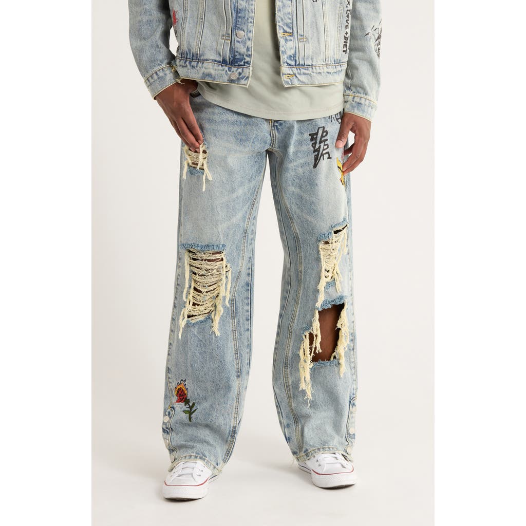 DIET STARTS MONDAY Doodle Embroidered Ripped Cotton Jeans in Indigo  product