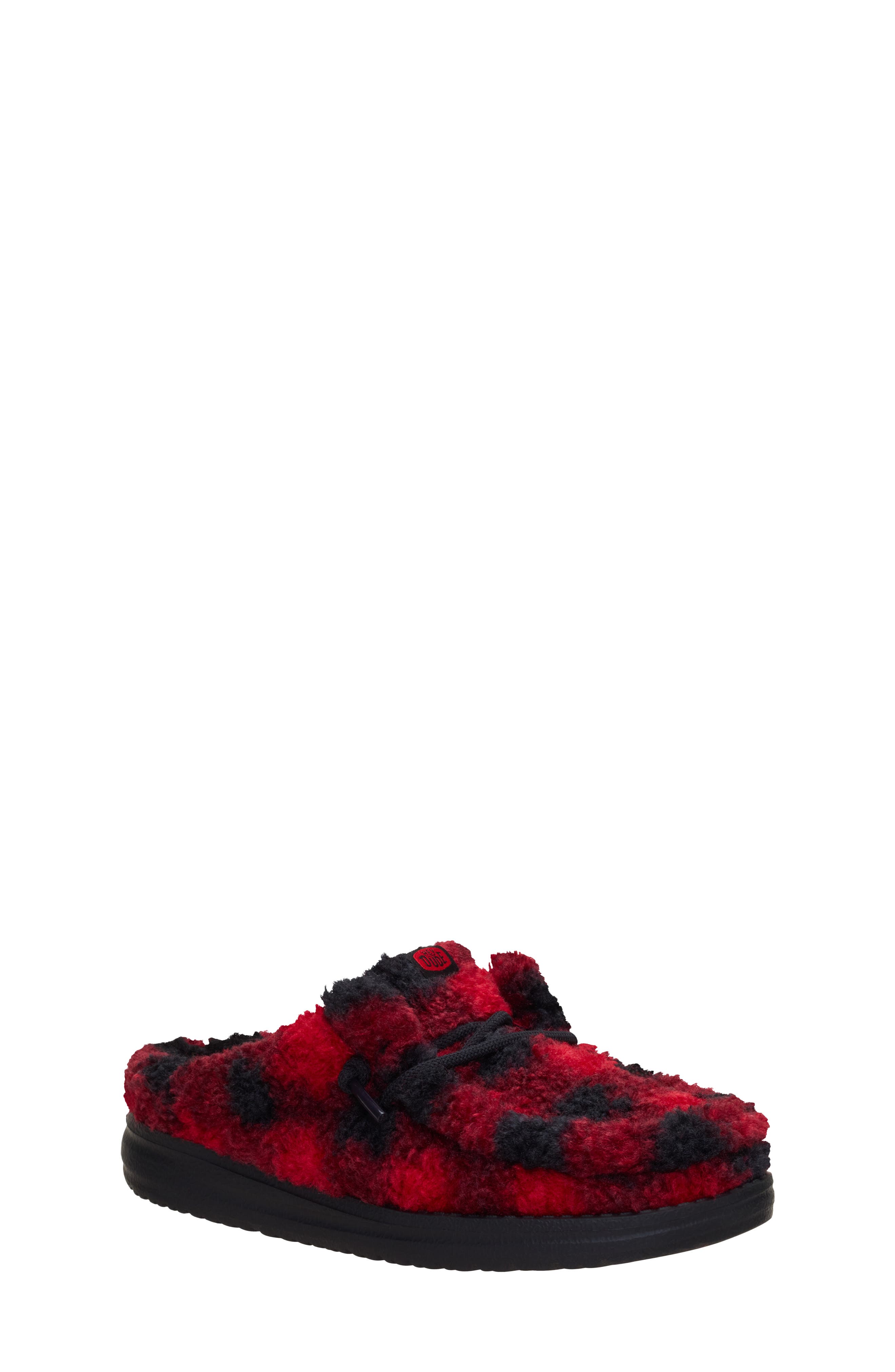 Kids' Wally Buffalo Plaid Faux Fur Slipper, Main, color, RED