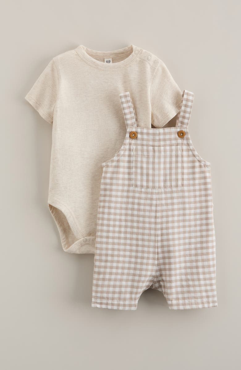 Nordstrom Cotton Bodysuit & Shortalls Set, Main, color, Beige O Light Heather Gingham