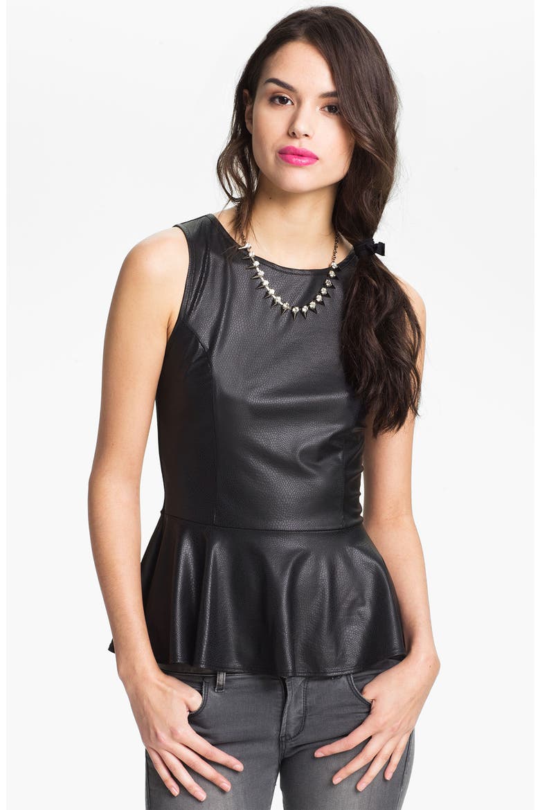Faux Leather Peplum Top, Main, color, BLACK