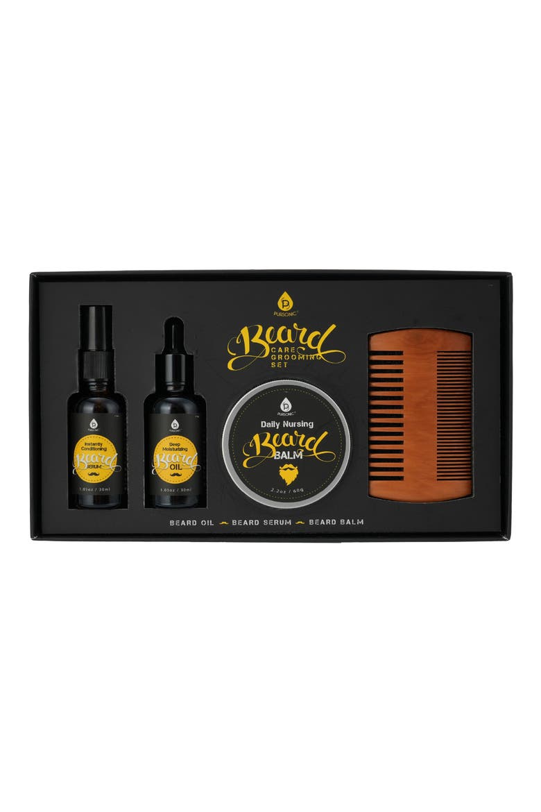 4-Piece Beard Care Grooming Set, Main, color, BLACK