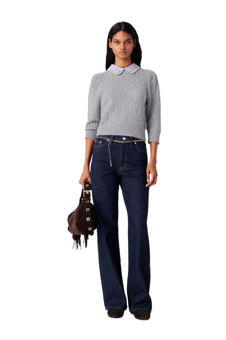 Removable poplin collar sweater, Main, color, Light grey