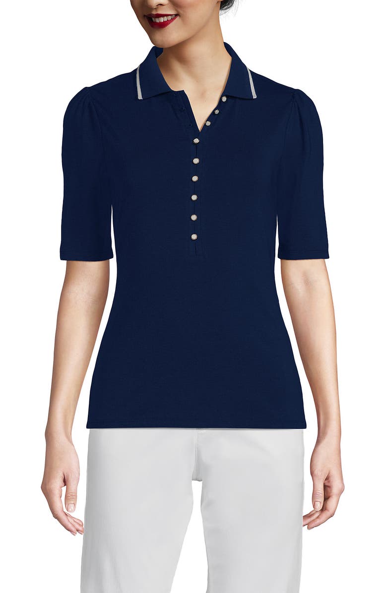 Lands' End Elbow Sleeve Lightweight Jersey Embellished Polo, Alternate, color,