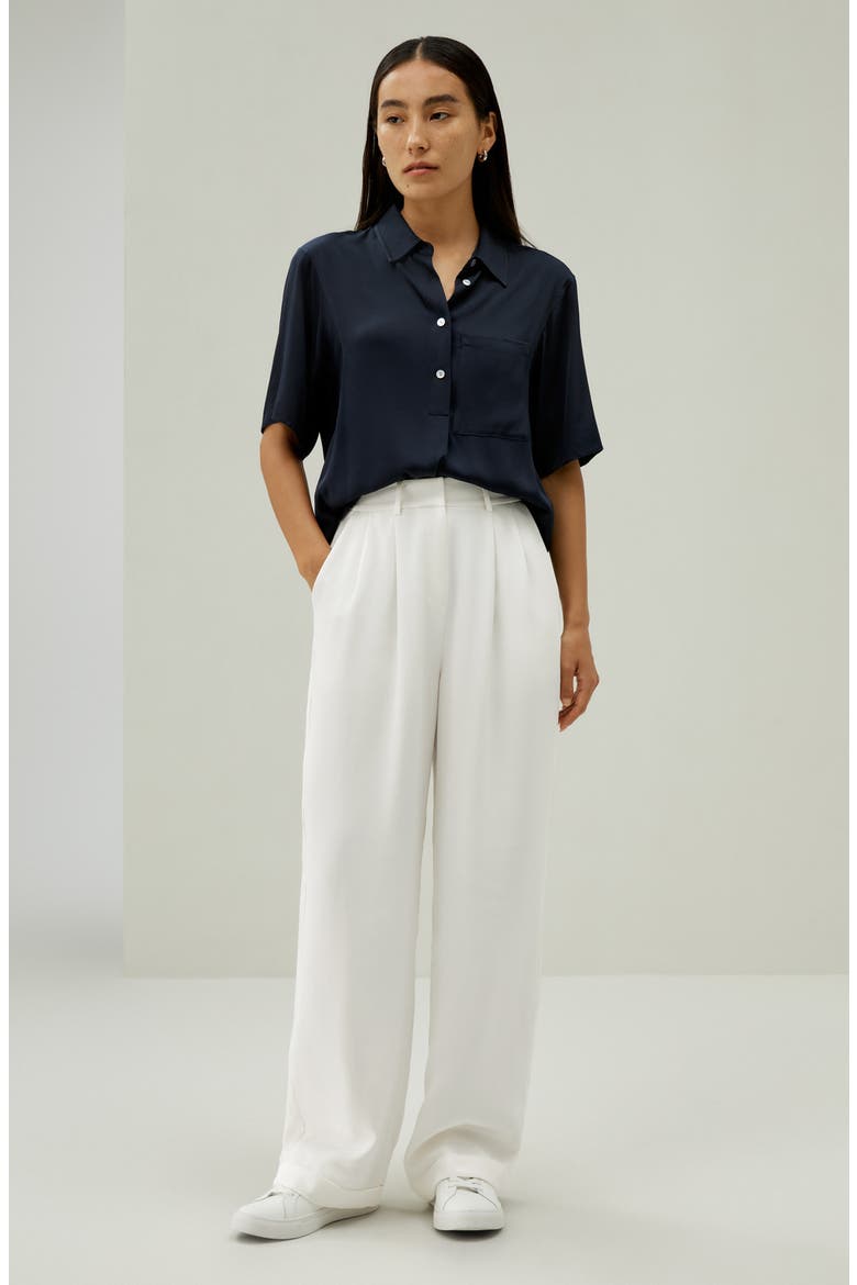 Women's Half-Placket Short Sleeve Button Up Streachy Silk Shirt, Alternate, color, Midnight Blue