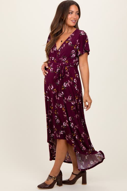 Pinkblush Floral Short Sleeve Wrap Hi-low Maxi Dress In Brown