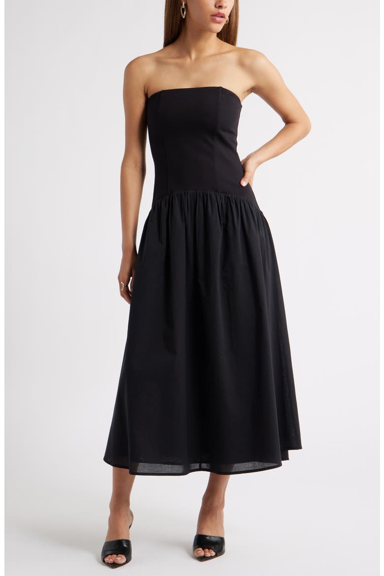 Curved Waist Strapless Maxi Dress, Main, color, BLACK