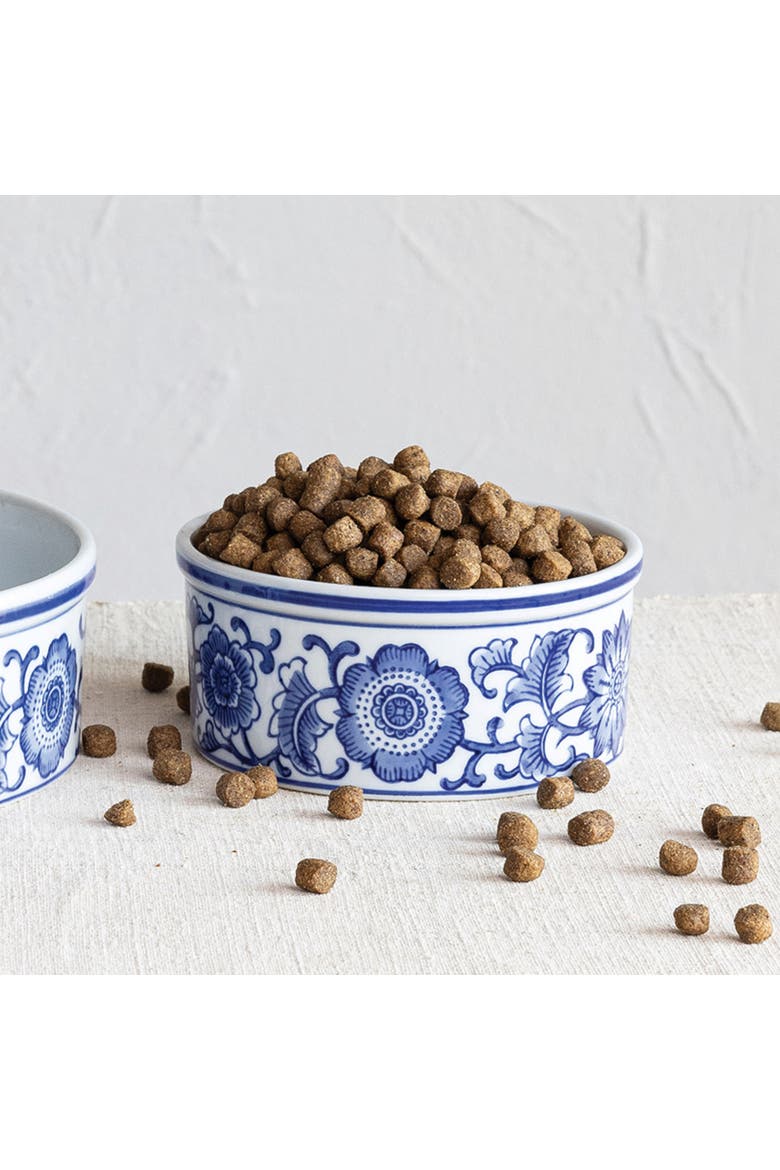 Stoneware Pet Bowl with Design, Blue and White, Alternate, color, Blue