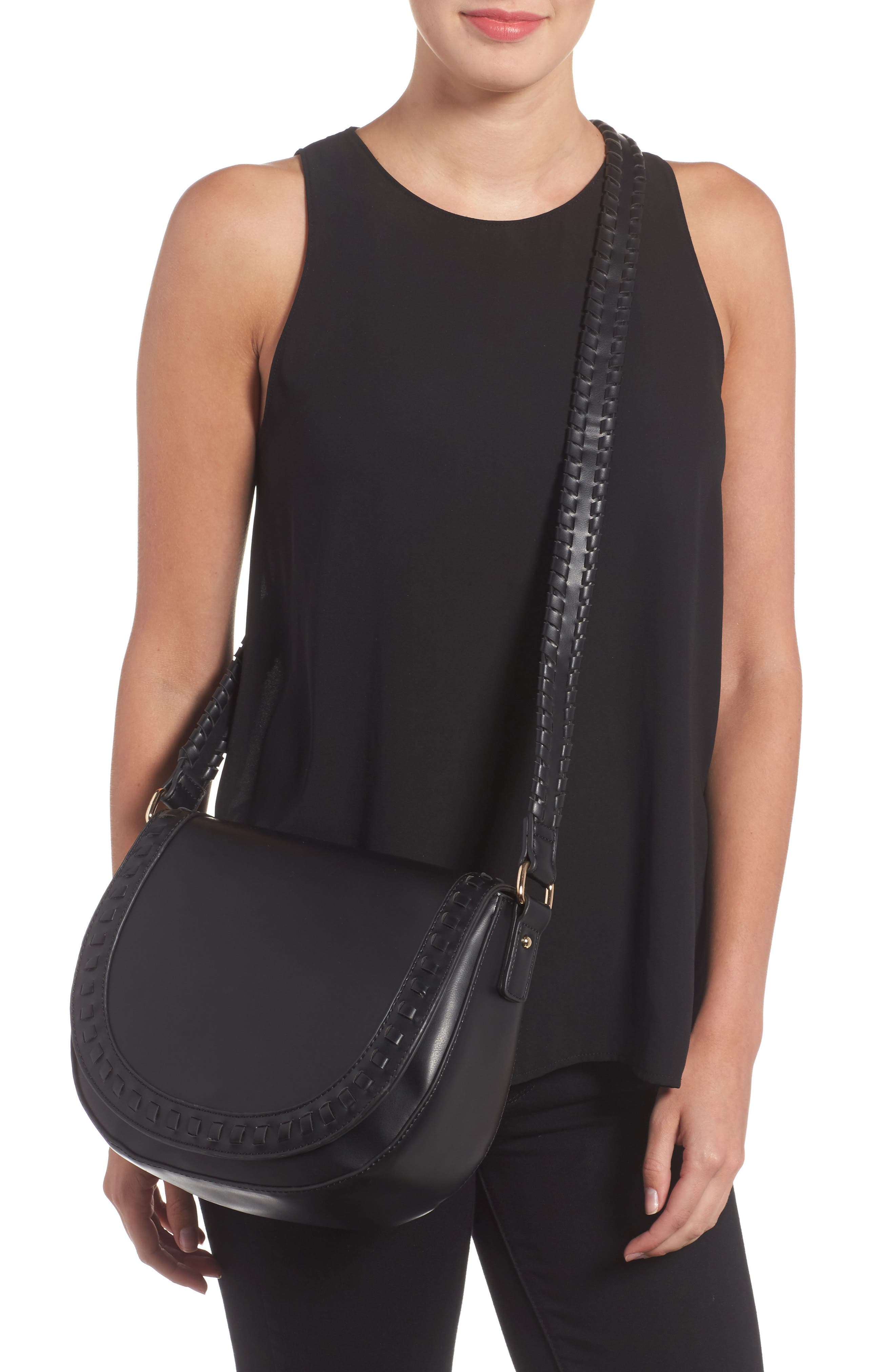 Clovey Faux Leather Saddlebag, Alternate, color, BLACK