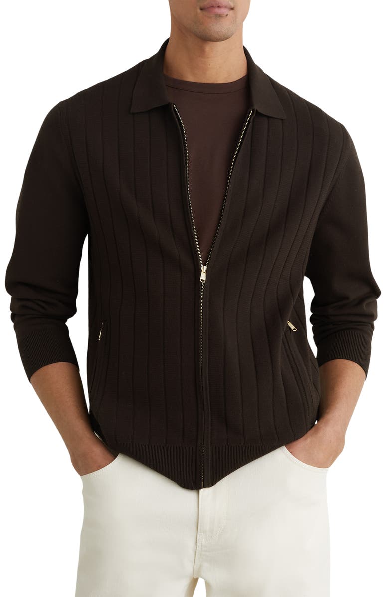 Reiss Marsh Wide Rib Zip Cardigan, Main, color, Chocolate Brown