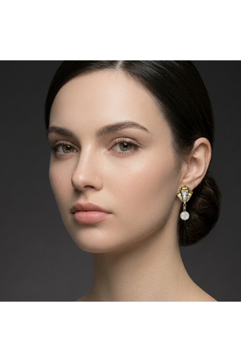 Dangling Spikes and Pearls Stud Earrings, Alternate, color, Beige/white / Antique Brass