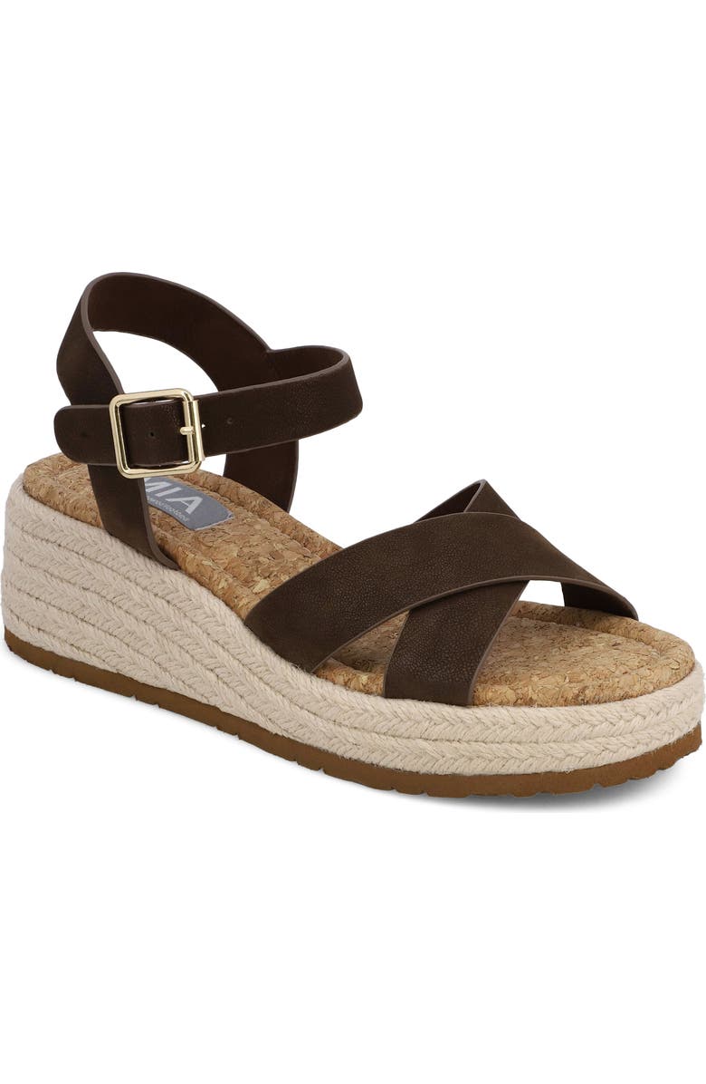MIA Nikky Ankle Strap Platform Wedge Sandal, Main, color, Chocolate