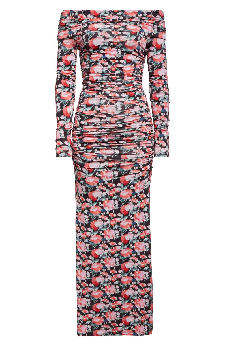 Carolina Herrera Peony Print Ruched Long Sleeve Off the Shoulder Jersey Dress, Alternate, color, Pink Multi
