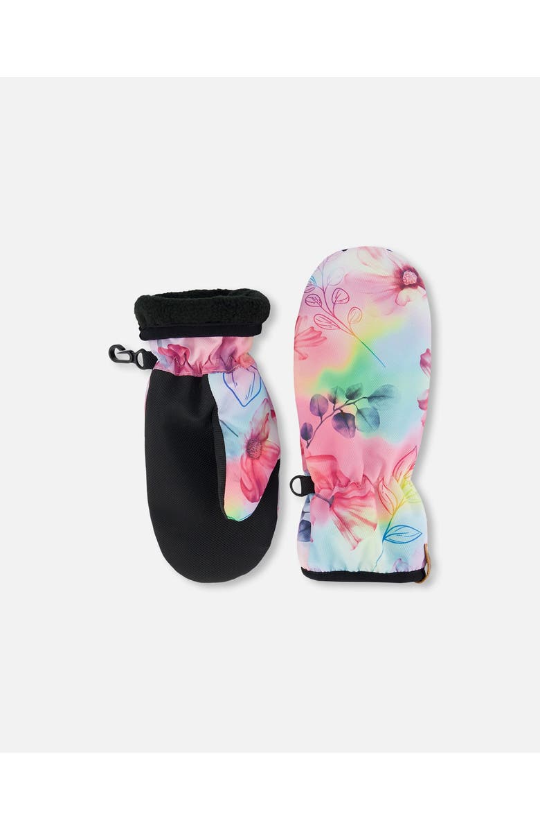 Deux par Deux Girl's Printed Mid-Season Mittens Flowers On Multicolored Background, Alternate, color, 