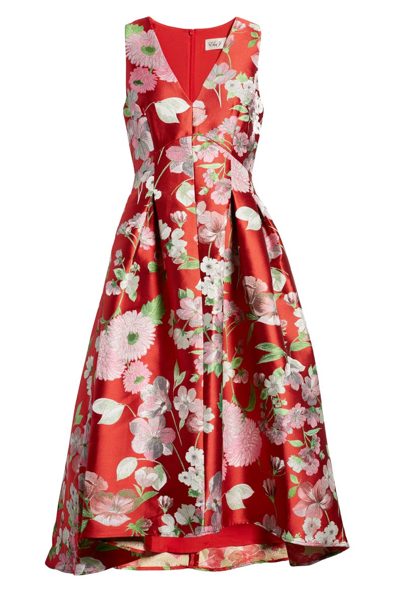 Floral Metallic Jacquard Cocktail Dress, Alternate, color, RED