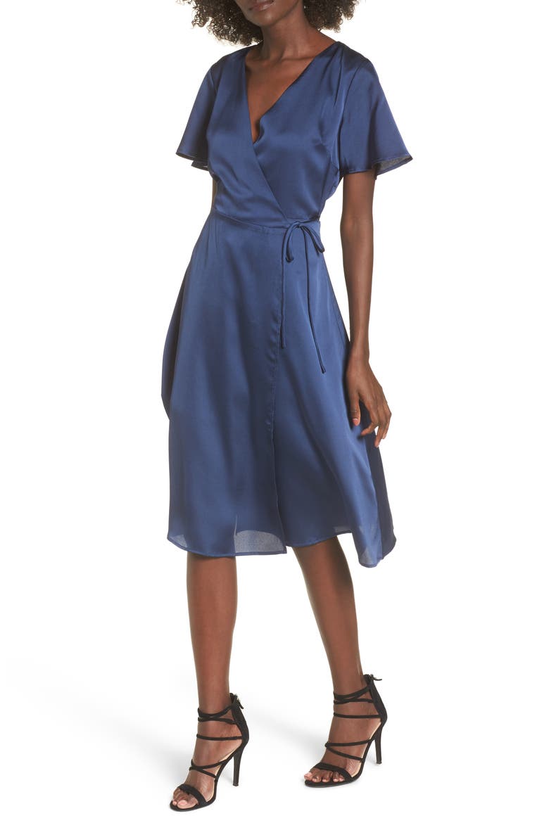 Satin Wrap Dress, Main, color, NAVY