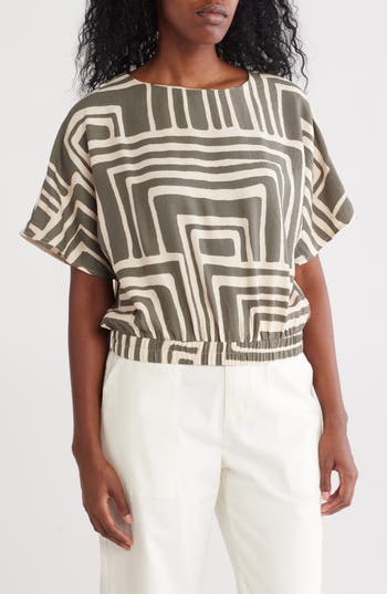 Melloday Geometric Print Boxy Top In Sage Ivory