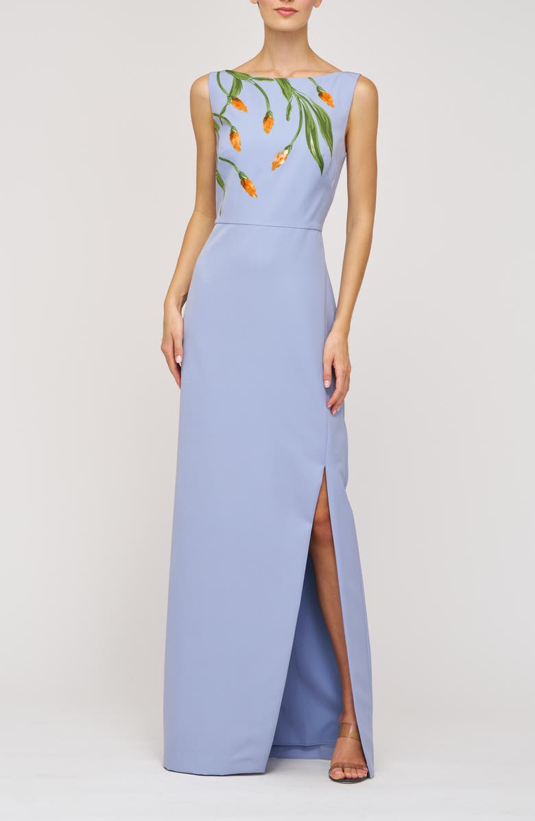 Kay Unger Ira Placed Paillette Floral Column Gown, Alternate, color, Blue Bird