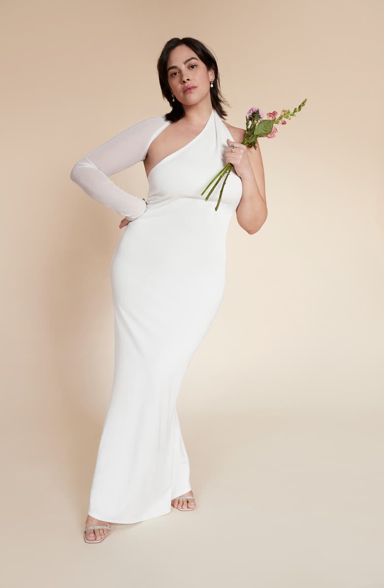 Marcella Manhattan Mesh Asymmetric Gown, Alternate, color, Off White Mesh