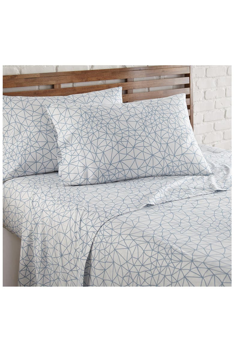 Queen Sized Modern Printed Sheet Set - Blue /White, Main, color, GEOMETRIC MAZE - WHILE / BLUE