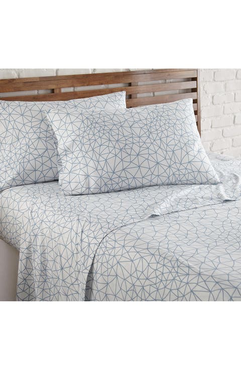 Queen Sized Modern Printed Sheet Set - Blue /White
