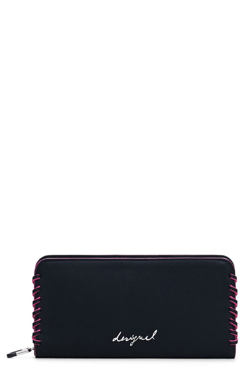 Desigual Long Faux Leather Wallet, Main, color, Black